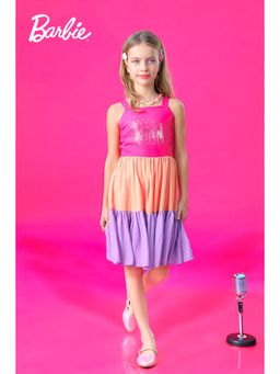 TINY GIRL - Barbie Glitter Printed Colour Blocked Tiered Dress