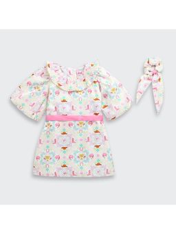 TINY GIRL - Barbie Printed Round Neck Dress With Matching Hair Scrunchie