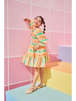 TINY GIRL - Barbie Full Balloon Sleeves Striped & Smocked Dress