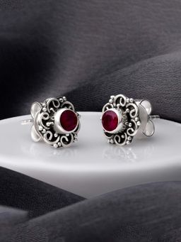 Peora - 925 Sterling Silver CZ Oxidised Anti Tarnish Floral Faux Ruby Stud Earrings-PF59E34R