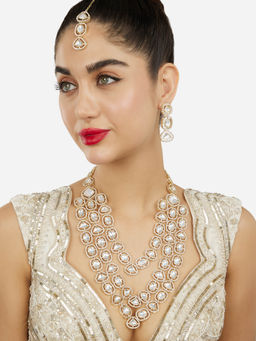 Zaveri Pearls - Gold Tone Stones Diamonds Necklace Earrings and Maangtikka