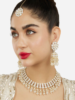 Zaveri Pearls - Gold Tone Cluster Beads Necklace Earrings and Maangtikka