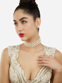 Zaveri Pearls - Gold Tone Multistrand Pearls Choker and Earrings