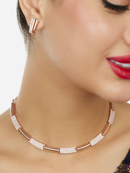 Zaveri Pearls - Rose Gold Tone Cubic Zirconia Brass Necklace and Earrings