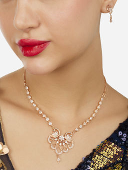 Zaveri Pearls - Rose Gold Cubic Zirconia Peacock Brass Necklace Earrings