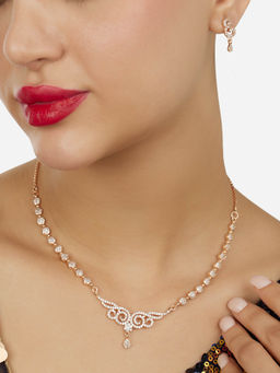 Zaveri Pearls - Rose Gold Tone Cubic Zirconia Brass Necklace and Earrings