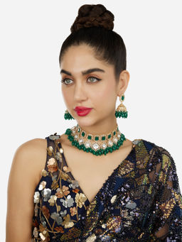 Zaveri Pearls - Green Stones Cluster Beads Diamonds Necklace and Earrings