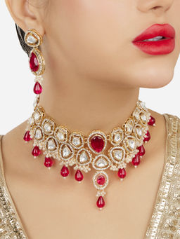 Zaveri Pearls - Red Beads Austrian Diamonds Choker Necklace and Earrings