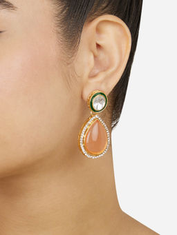 Zaveri Pearls - Orange Teardrop Stone Green Meenakari Diamonds Drop Earrings