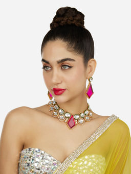 Zaveri Pearls - Pink Stone Green Meenakari Diamonds Necklace and Earrings
