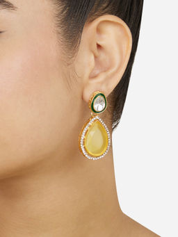 Zaveri Pearls - Yellow Teardrop Stone Green Meenakari Diamonds Drop Earrings
