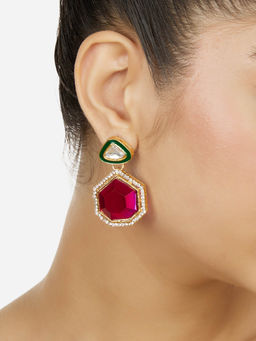 Zaveri Pearls - Pink Stone Green Meenakari Austrian Diamonds Drop Earrings