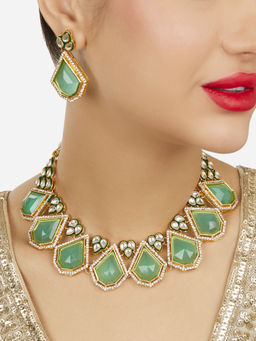 Zaveri Pearls - Mint Green Stones Meenakari Diamonds Necklace and Earrings