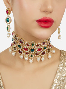 Zaveri Pearls - Multicolor Stones Austrian Diamonds Choker Necklace and Earrings