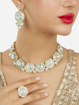 Zaveri Pearls - White Meenakari Stones Necklace Earrings and Ring