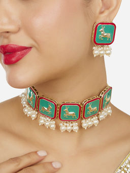 Zaveri Pearls - Mint Green Pink Meenakari Reindeer Necklace and Earrings
