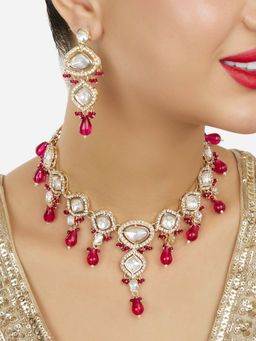 Zaveri Pearls - Pink Beads Diamonds Stones Ethnic Necklace and Earrings