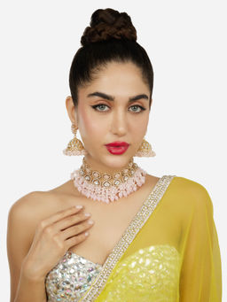 Zaveri Pearls - Pink Cluster Beads Stones Diamonds Necklace and Earrings