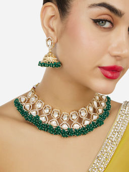 Zaveri Pearls - Green Cluster Beads Diamonds Stones Necklace and Earrings