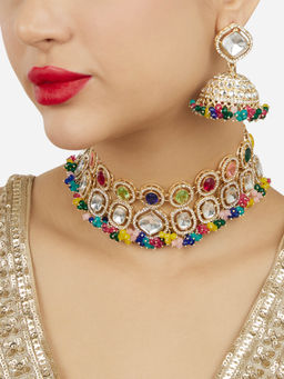 Zaveri Pearls - Multicolor Cluster Beads Choker Necklace and Earrings