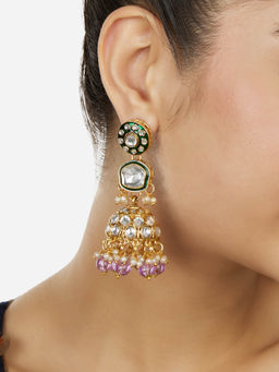 Zaveri Pearls - Zaveri White Pearls Purple Beads Green Meenakari Stones Ethnic Jhumka Earrings