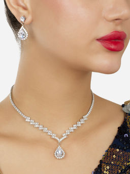 Zaveri Pearls - Silver Tone Diamonds Contemporary Necklace and Earrings