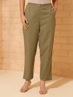 Fabindia - Green Cotton Full Length Casual Tapered Pant