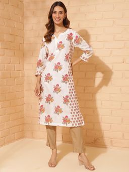 Fabindia - White Cotton Hand Floral Printed Long Kurta