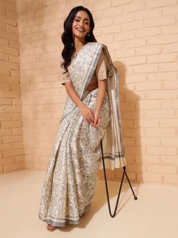 Fabindia - White Silk Hand Floral Printed Sari