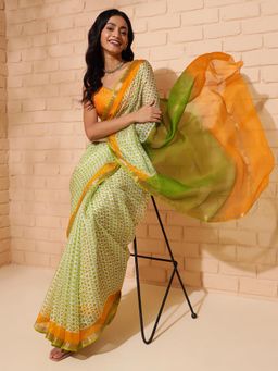 Fabindia - Green Silk Hand Block Printed Sari