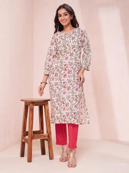 Fabindia - White Cotton Floral Printed Long Kurta