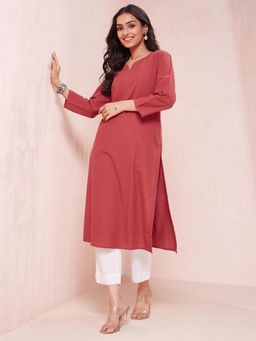 Fabindia - Red Cotton Solid Long Kurta