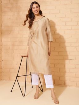 Fabindia - Beige Cotton Silk Calf Length Long Kurta