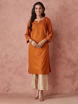 Fabindia - Rust Cotton Block Printed Knee Length Kurta