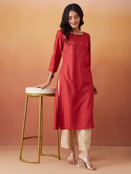 Fabindia - Red Viscose Silk Slim Fit Long Kurta