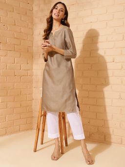 Fabindia - Beige Viscose Silk Regular Fit Knee Length Kurta
