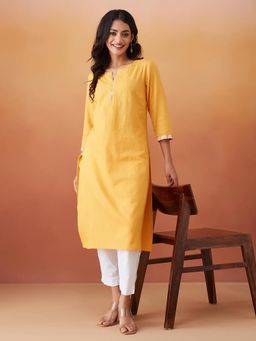 Fabindia - Yellow Cotton Regular Fit Long Kurta