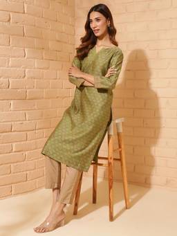 Fabindia - Green Cotton Silk Printed Long Kurta