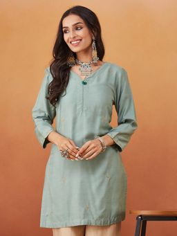 Fabindia - Turquoise Viscose Silk Slim Fit Embroidered Short Kurta