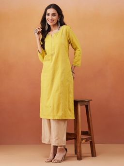 Fabindia - Yellow Cotton Blend Embroidered Knee Length Kurta