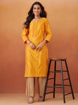 Fabindia - Yellow Cotton Silk Sequined Long Kurta