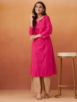 Fabindia - Pink Cotton Slim Fit Embroidered Long Kurta