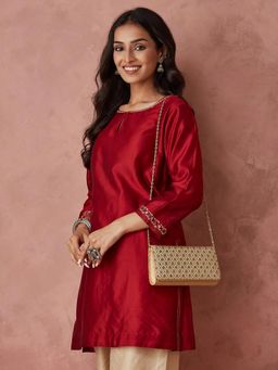 Fabindia - Maroon Cotton Silk Embroidered Short Kurta