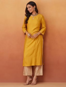 Fabindia - Mustard Viscose Silk Slim Fit Embroidered Long Kurta