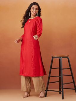 Fabindia - Red Viscose Silk Slim Fit Embroidered Long Kurta