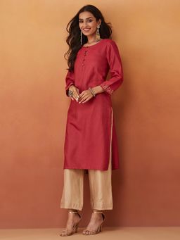 Fabindia - Red Viscose Silk Embroidered Knee Length Kurta