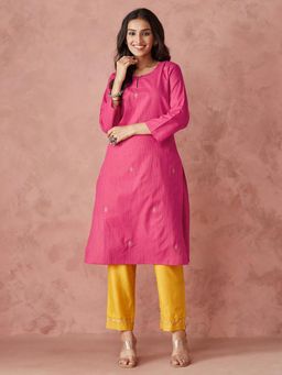 Fabindia - Pink Cotton Blend Embroidered Knee Length Kurta