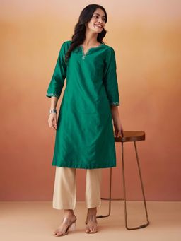 Fabindia - Green Cotton Silk Embroidered Knee Length Kurta