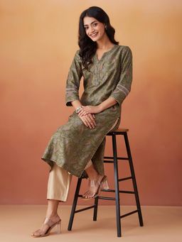 Fabindia - Green Cotton Silk Floral Printed Long Kurta