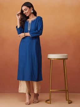 Fabindia - Blue Viscose Silk Embroidered Long Kurta